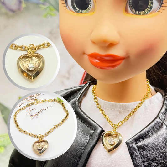 Gold Heart Charm Clear Rhinestone Center Doll Necklace • 18 Inch Fashion Doll Jewelry