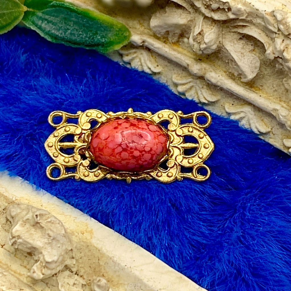 Gold Tone Filigree Design Rectangular Coral Accented Doll Pin • Doll Brooch