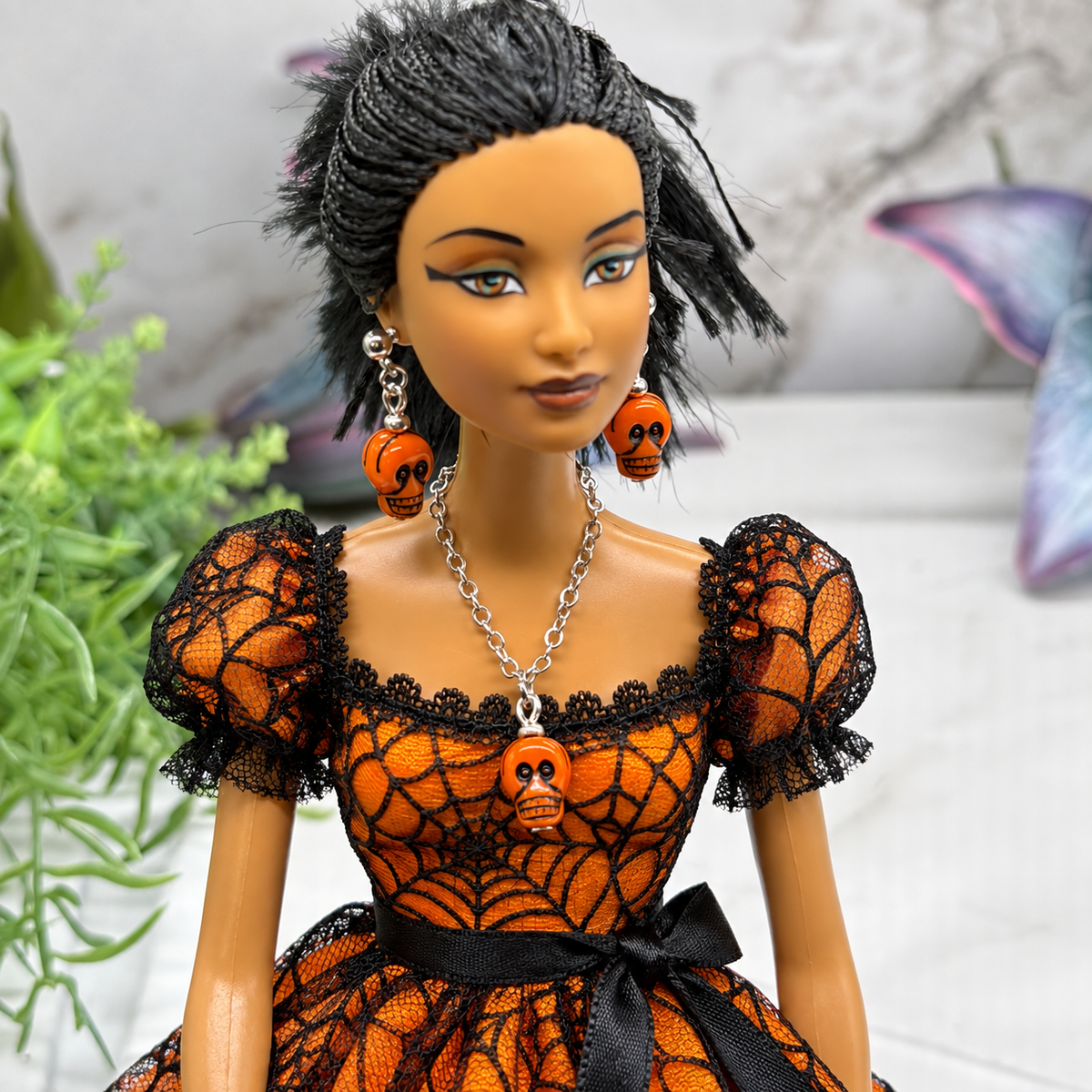 Orange Skull Halloween Necklace and Earrings |for 10-12 Inch Fashion Doll • 1:6 Scale