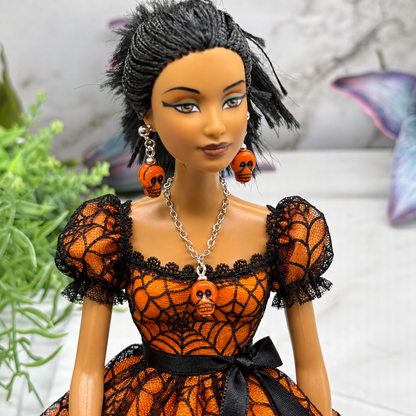 Orange Skull Halloween Necklace and Earrings |for 10-12 Inch Fashion Doll • 1:6 Scale