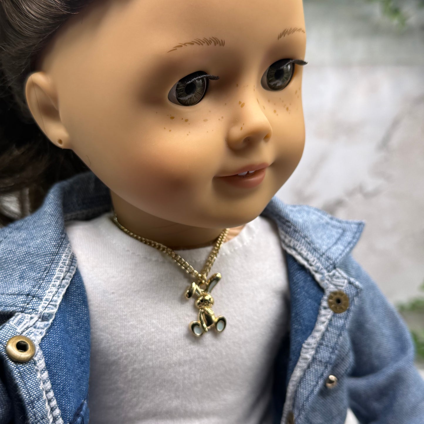 Floppy Ear Bunny Light Blue Enamel Detail Charm Gold Doll Necklace • 18 Inch Fashion Doll Jewelry