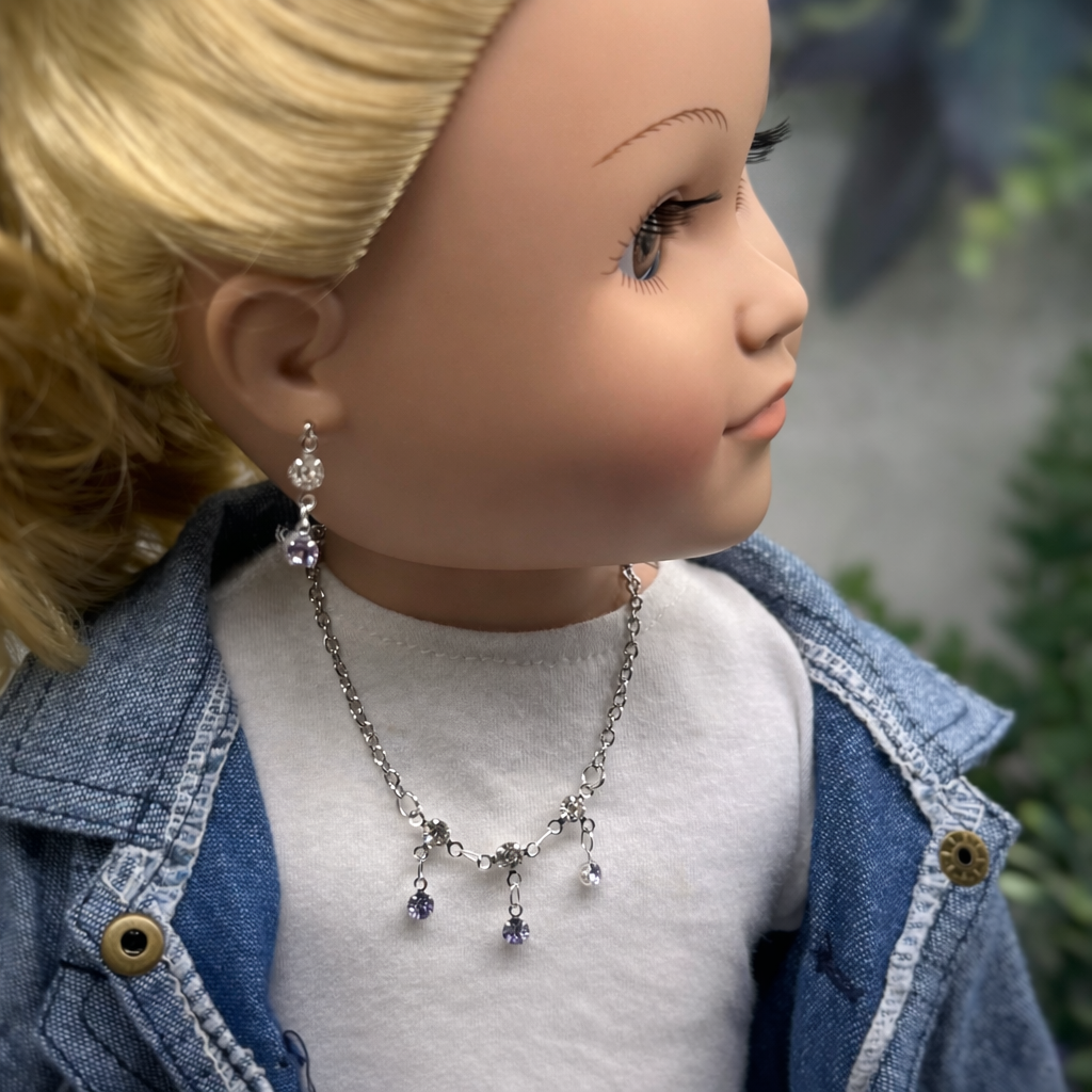 Light Misty Purple & Clear Rhinestone Silver Doll Necklace and Earrings Set for 18 Inch Fashion Dolls