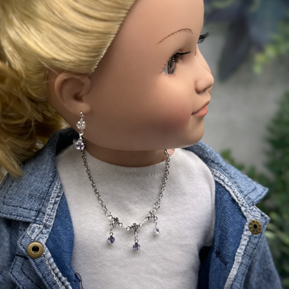Light Misty Purple & Clear Rhinestone Silver Doll Necklace and Earrings Set for 18 Inch Fashion Dolls