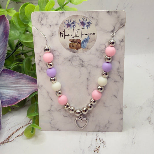 Pink Purple Silver Beaded Heart Charm Doll Necklace • 18 Inch Fashion Doll Jewelry