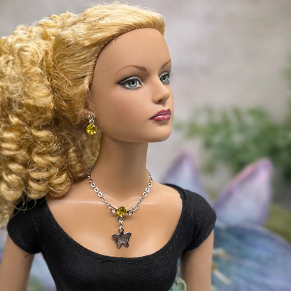 Yellow Rhinestone Silver Butterfly Charm Doll Necklace & Earrings for 16 Inch Fashion Dolls