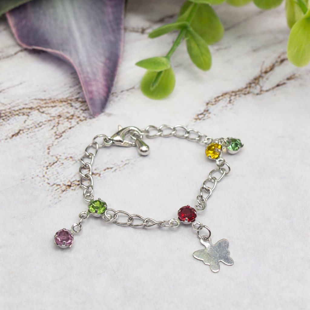 Butterfly Silver Charm and Multi-Color Rhinestone Dangle Doll Bracelet • 18 Inch Fashion Doll Jewelry