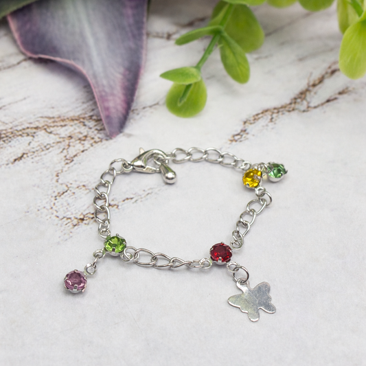 Butterfly Silver Charm and Multi-Color Rhinestone Dangle Doll Bracelet • 18 Inch Fashion Doll Jewelry