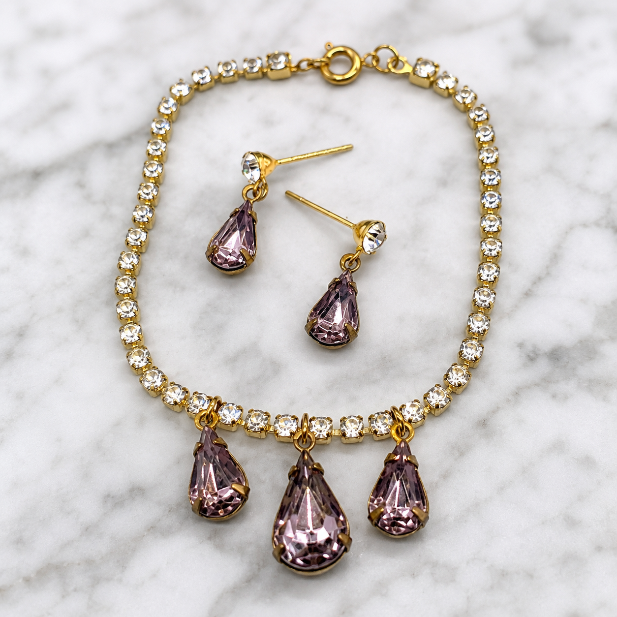 Teardrop Rhinestone Gold Doll Necklace Earrings Set 18-22” Vintage Doll Jewelry