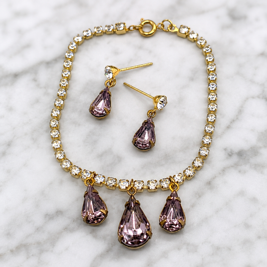 Teardrop Rhinestone Gold Doll Necklace Earrings Set 18-22” Vintage Doll Jewelry