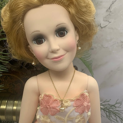 Pearl Pink Crystal Pendant Doll Necklace Earring Set for 18-22 Inch Vintage Doll
