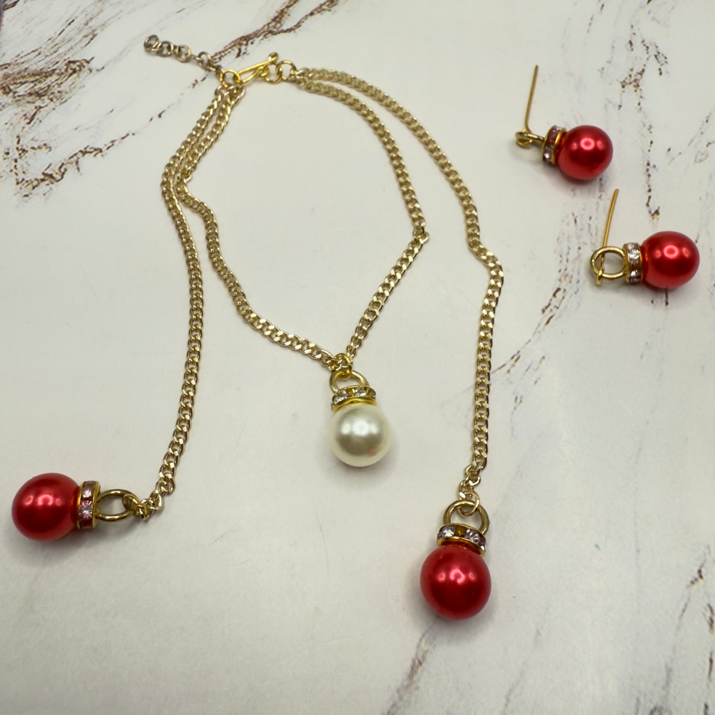 Red Pearl Christmas Ornament Layer Doll Necklace & Earrings • 18 Inch Fashion Doll Jewelry