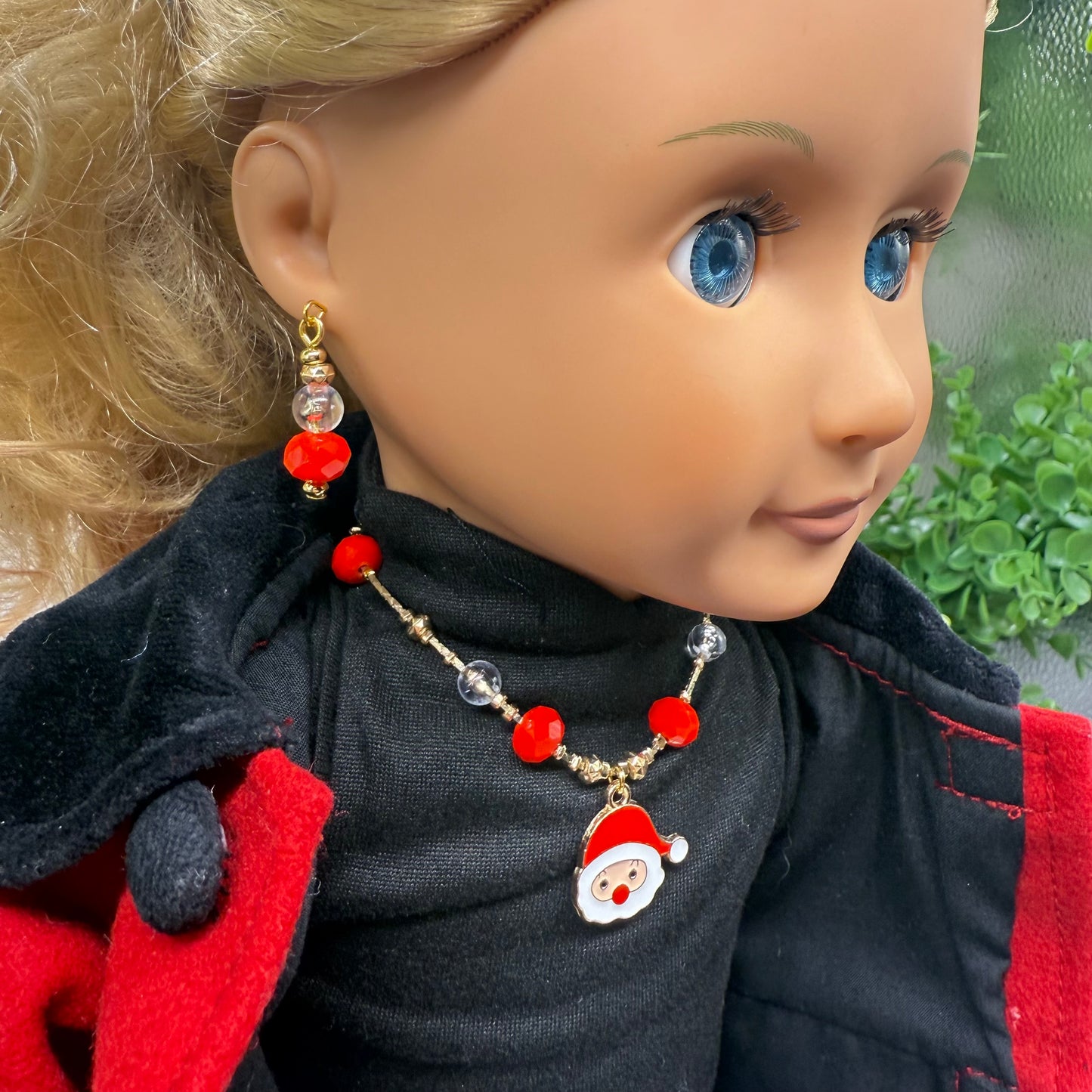 Red & Clear Acrylic Beads Santa Charm Gold Doll Necklace and Earrings Set • 18 Inch Fashion Doll Jewelry