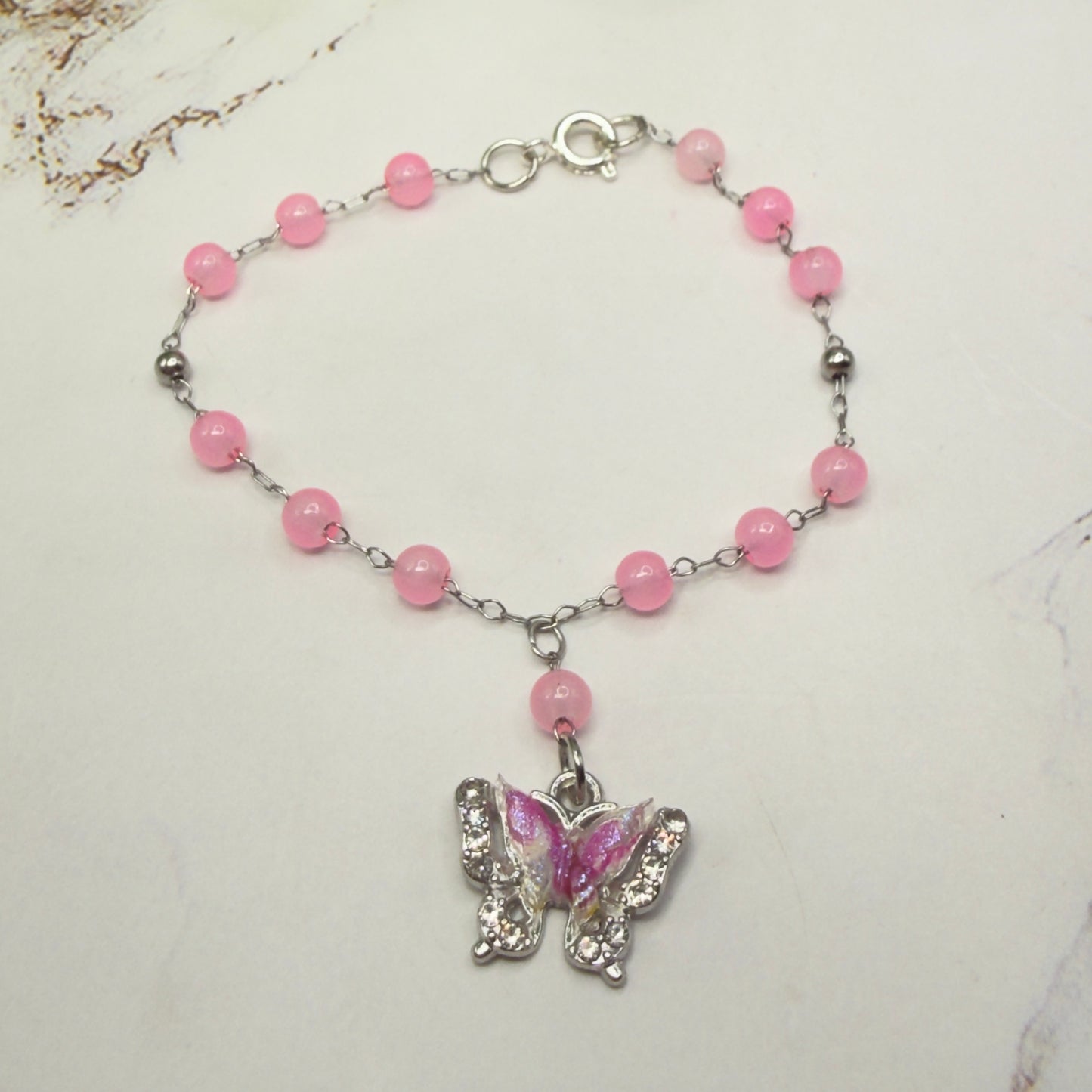 Translucent Pink Bead Butterfly Charm Doll Necklace • 18 Inch Fashion Doll Jewelry