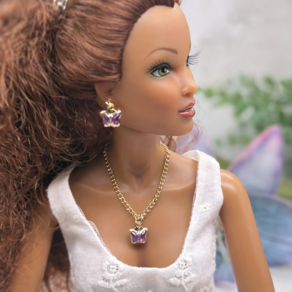 Purple Acrylic Crystal Butterfly Charm Gold Doll Necklace and Earrings for 16 Inch Fashion Dolls