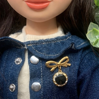 Gold Tone Bow Pin Black & Clear Rhinestone Dangle Doll Brooch