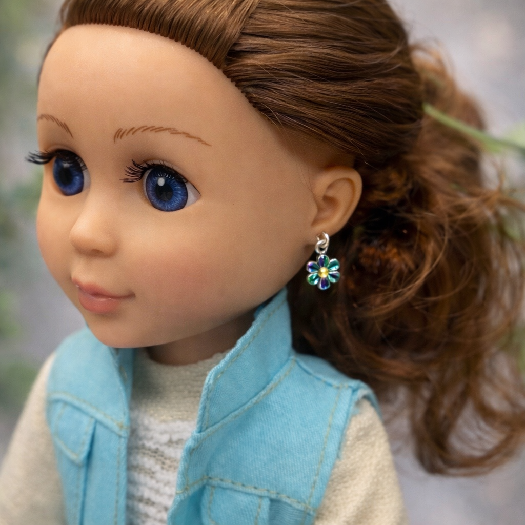 Turquoise Blue Flower Enamel Dangle Doll Earrings · 14 Inch Doll Jewelry