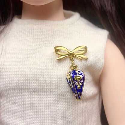 Blue Cloisonné Gold Design Teardrop Dangle Pendant Bow Shaped Pin • Doll Brooch