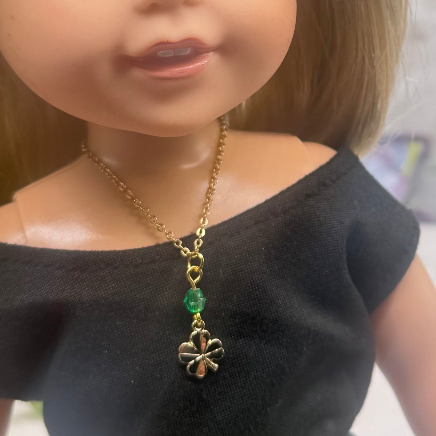 Gold Clover Charm Green Crystal Accent Doll Necklace • 14 Inch Fashion Doll Jewelry