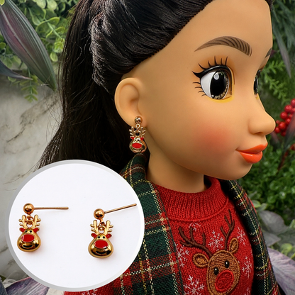 Copper Rose Gold Tone Rudolph Red Nose Reindeer Christmas Dangle Doll Earrings • 18 Inch Fashion Doll Jewelry