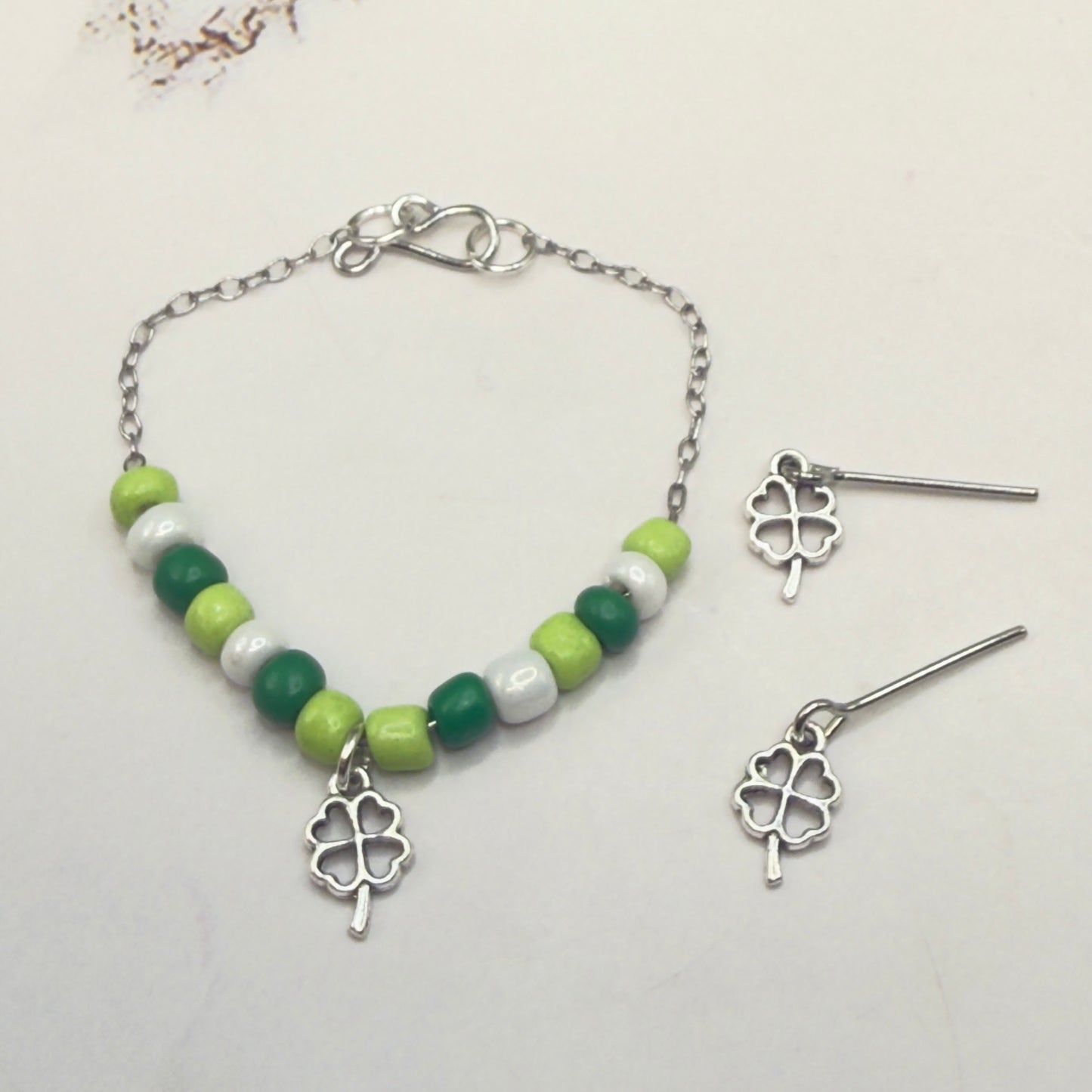 Green White Beaded Silver Four-Leaf Clover Shamrock Charm Doll Necklace & Earrings • 14 Inch Fashion Doll Jewelry