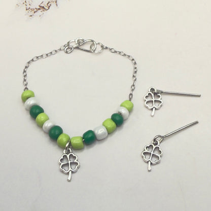 Green White Beaded Silver Four-Leaf Clover Shamrock Charm Doll Necklace & Earrings • 14 Inch Fashion Doll Jewelry