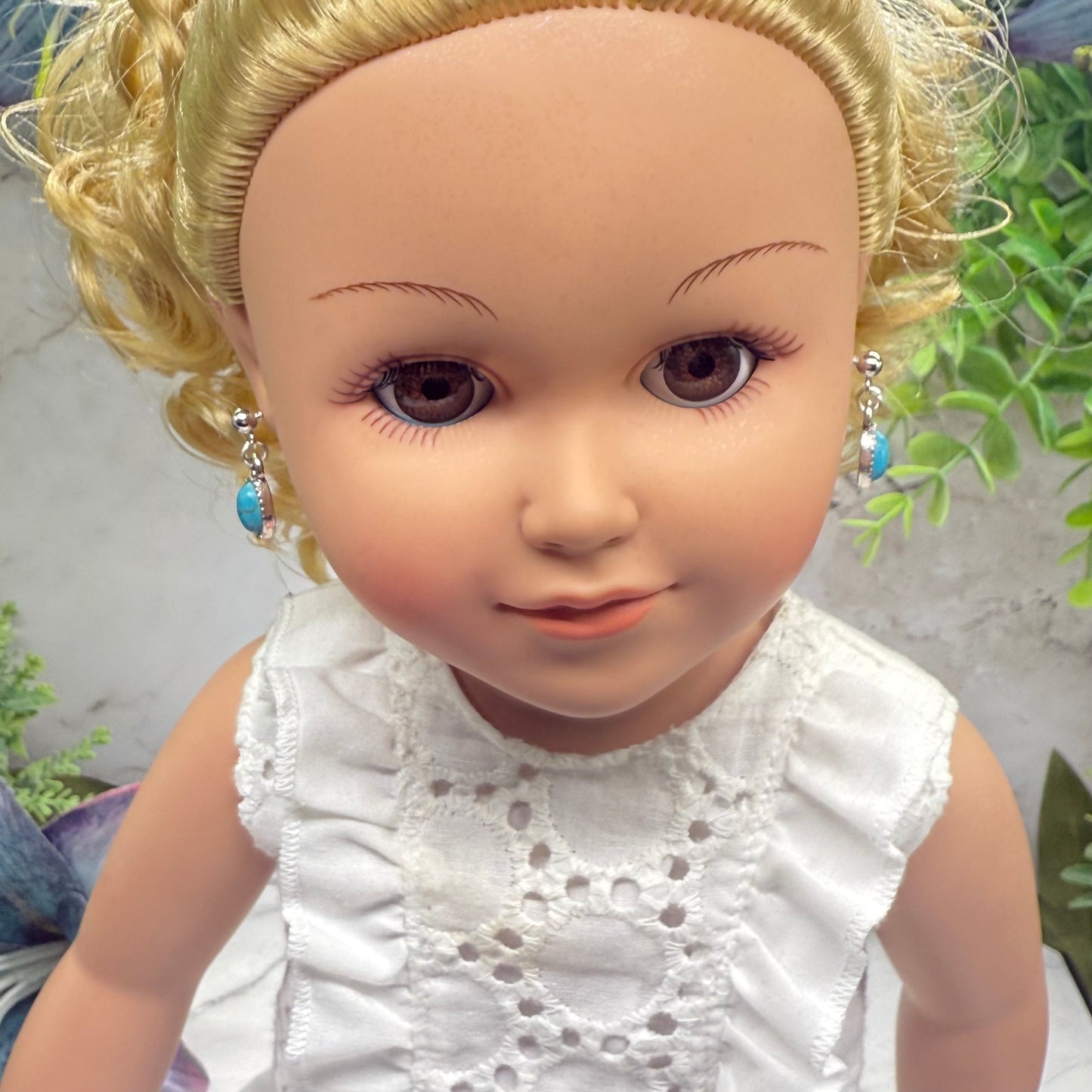 Oval Turquoise Dangle Silver Post Doll Earrings • 18 Inch Fashion Doll Jewelry