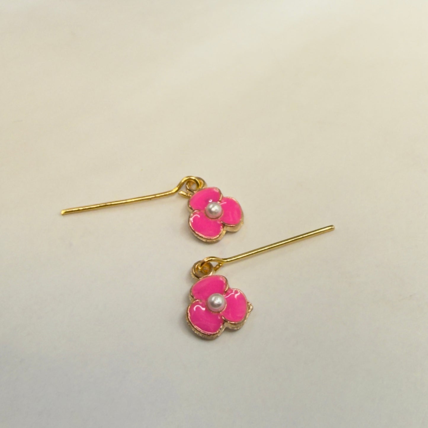 Vibrant Pink Enamel Inlay Flower Pearl Center Dangle Doll Earrings • 18 Inch Fashion Doll Jewelry