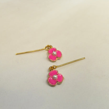 Vibrant Pink Enamel Inlay Flower Pearl Center Dangle Doll Earrings • 18 Inch Fashion Doll Jewelry