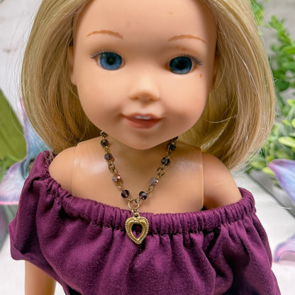 Multi Tone Purple Glass Crystal Bead Chain Gold Heart Charm Doll Necklace • 14 Inch Fashion Doll Jewelry