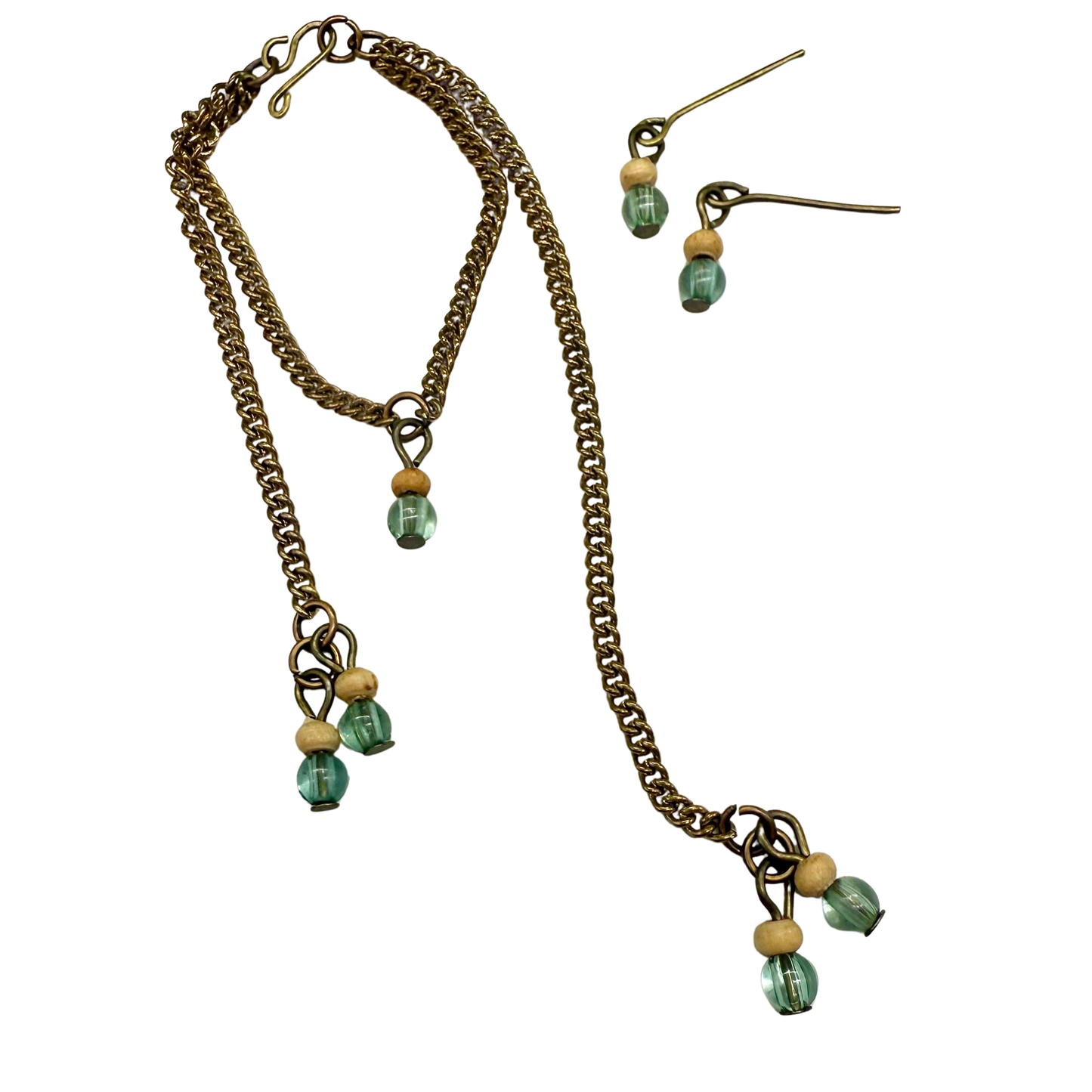 Blue Green Beige Beaded Dangle Doll Necklace Earring Set • 16 Inch Doll Jewelry
