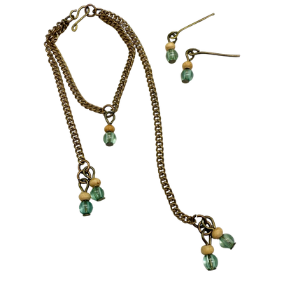 Blue Green Beige Beaded Dangle Doll Necklace Earring Set • 16 Inch Doll Jewelry