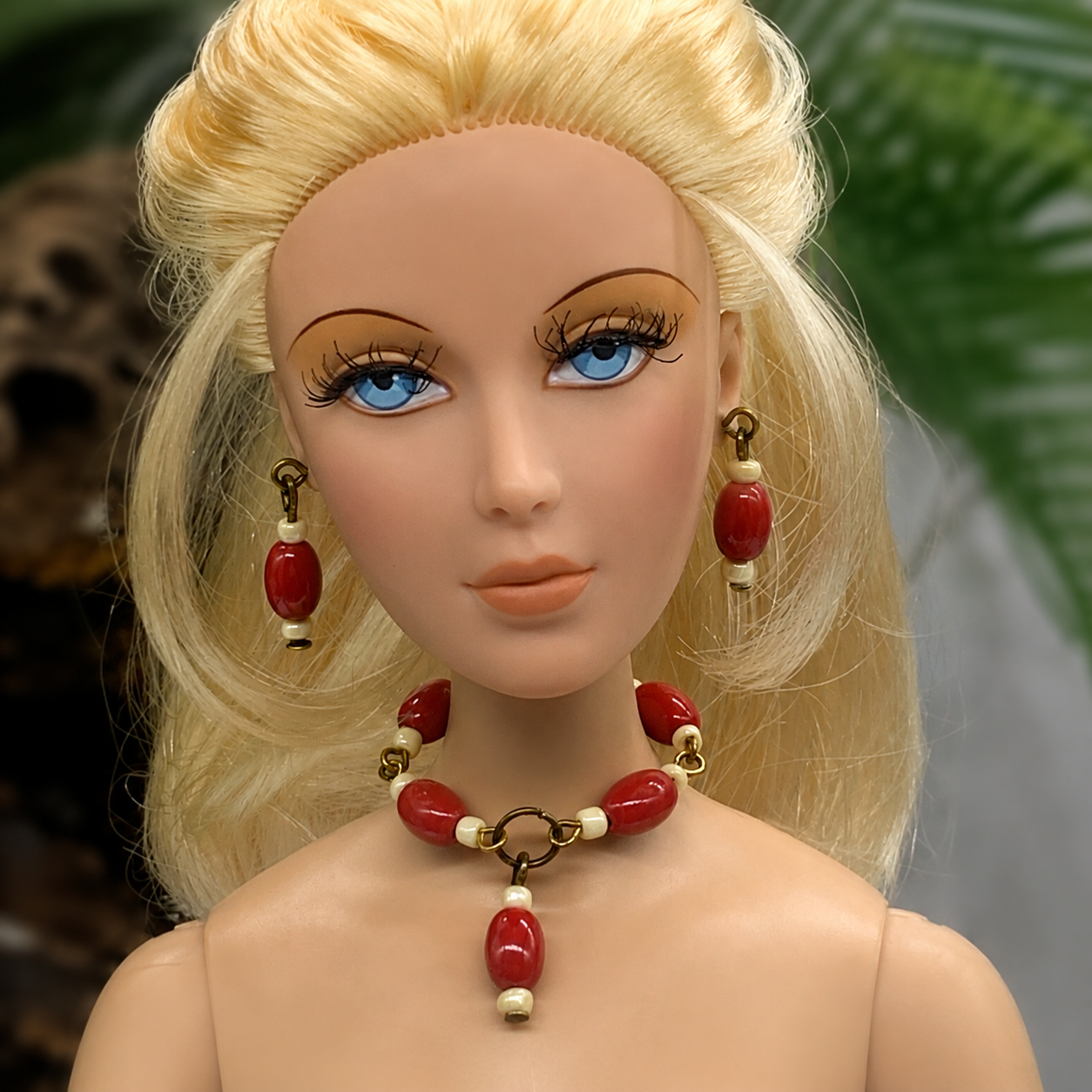 Red White Beaded Doll Necklace Earring Set • 16 Inch Fashion Doll Jewelry