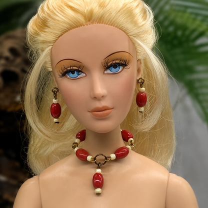 Red White Beaded Doll Necklace Earring Set • 16 Inch Fashion Doll Jewelry