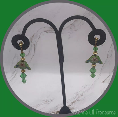 Fashion Green Crystal & Cloisonné Gold Tone Dangle Earrings - Post- Handmade