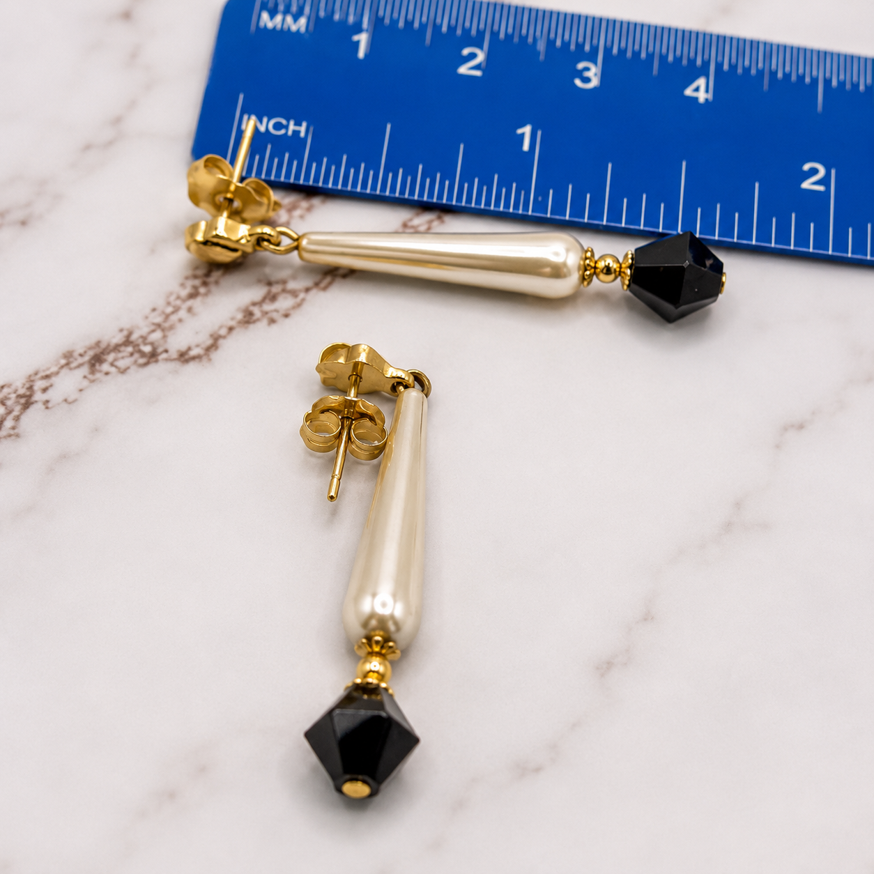 Elongated Teardrop Pearl & Black Glass Crystal Drop Dangle Earrings - Handmade