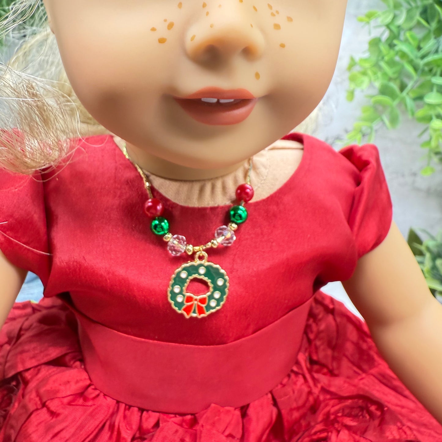 Christmas Wreath Charm Red Green Beaded Gold Doll Necklace • 18 Inch Fashion Doll Jewelry