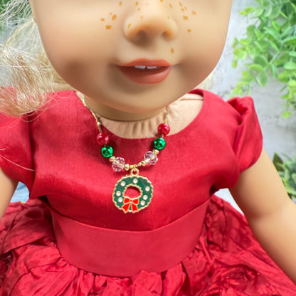 Christmas Wreath Charm Red Green Beaded Gold Doll Necklace • 18 Inch Fashion Doll Jewelry