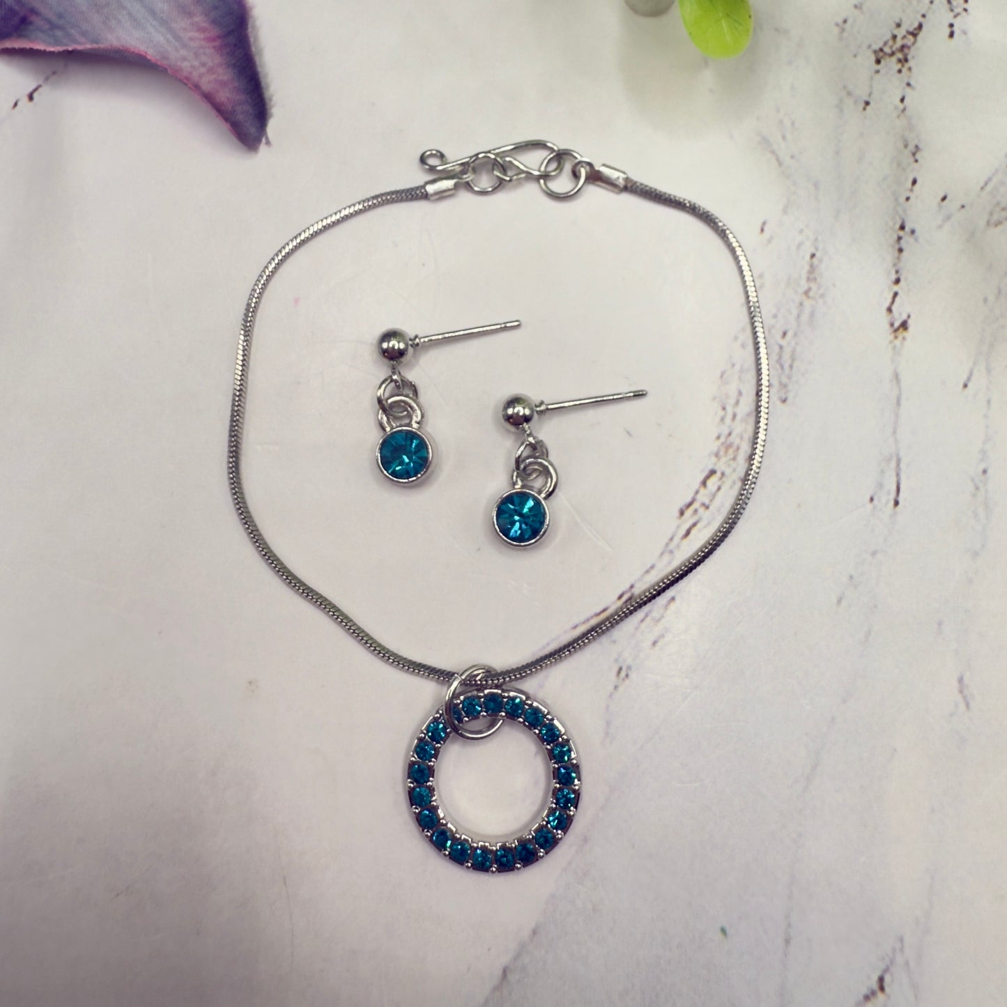 Turquoise Rhinestone Round Pendant Doll Necklace & Earrings Set • 18 Inch Fashion Doll Jewelry