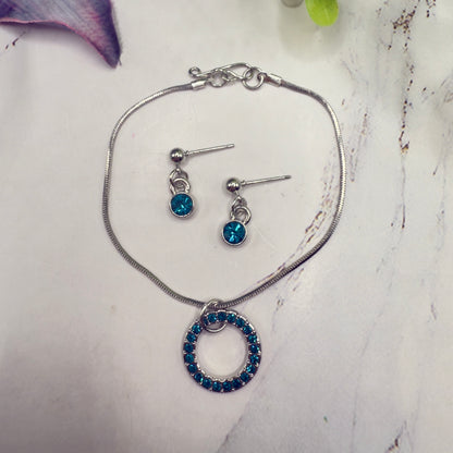 Turquoise Rhinestone Round Pendant Doll Necklace & Earrings Set • 18 Inch Fashion Doll Jewelry