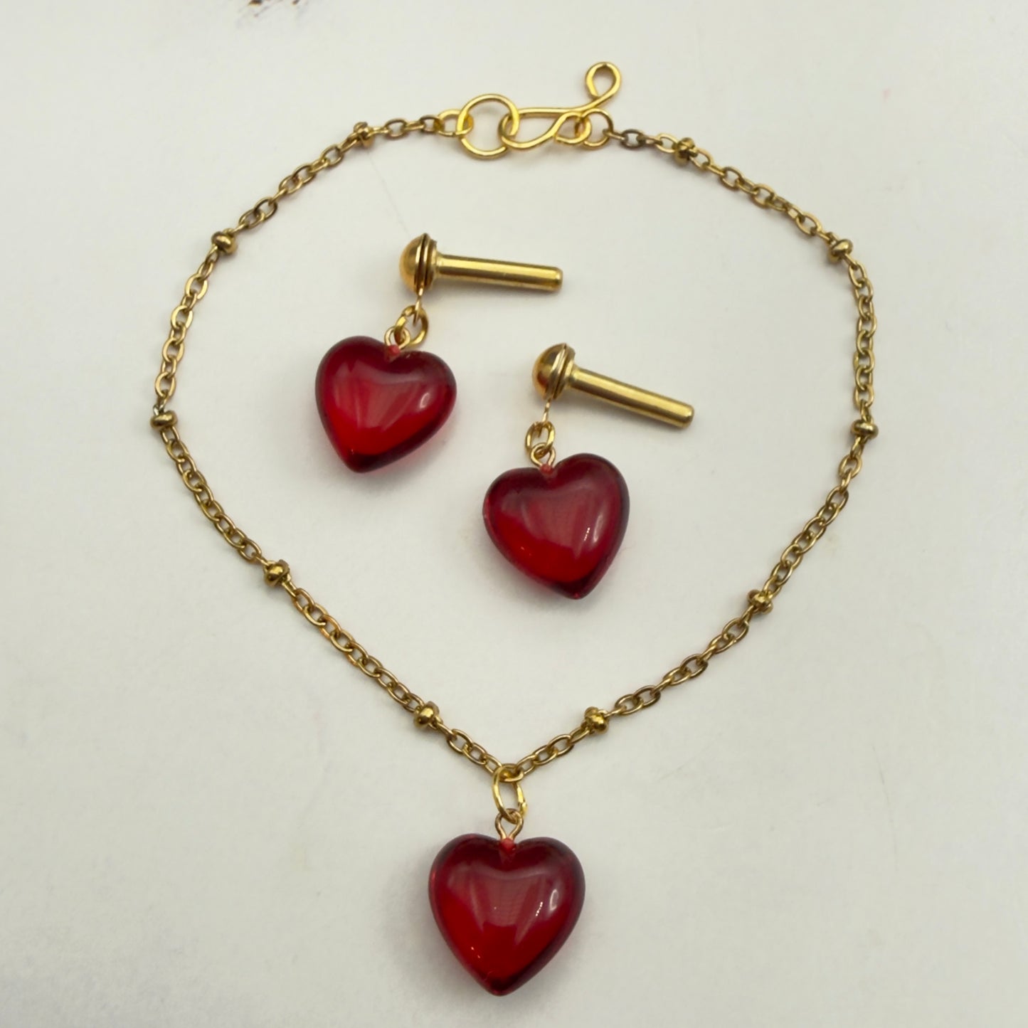 Red Burgundy Heart Pendant Gold Chain Doll Necklace & Earrings • 2mm Post for 18 Inch Fashion Doll