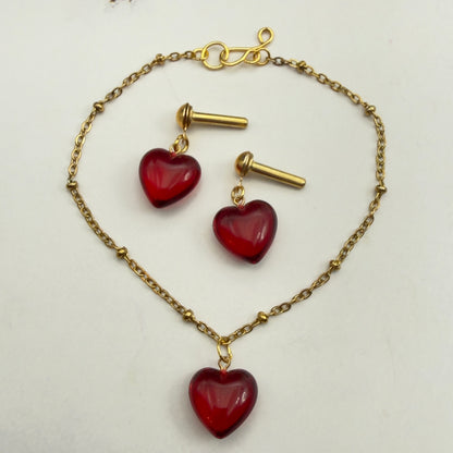 Red Burgundy Heart Pendant Gold Chain Doll Necklace & Earrings • 2mm Post for 18 Inch Fashion Doll