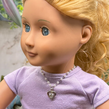 Silver Rhinestone Accented Heart Charm Pearl Beaded Chain Doll Necklace • 18 Inch Fashion Doll Jewelry
