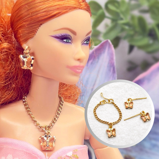 Peach Pink Crystal Butterfly Gold Chain Doll Necklace & Earrings • 10-12 Inch Fashion Doll Jewelry 1:6