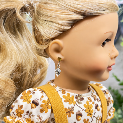 Silver Acorn Harvest Autumn Charm Yellow Rhinestone 2mm Post Doll Earrings | fits 18 Inch Dolls • American Girl