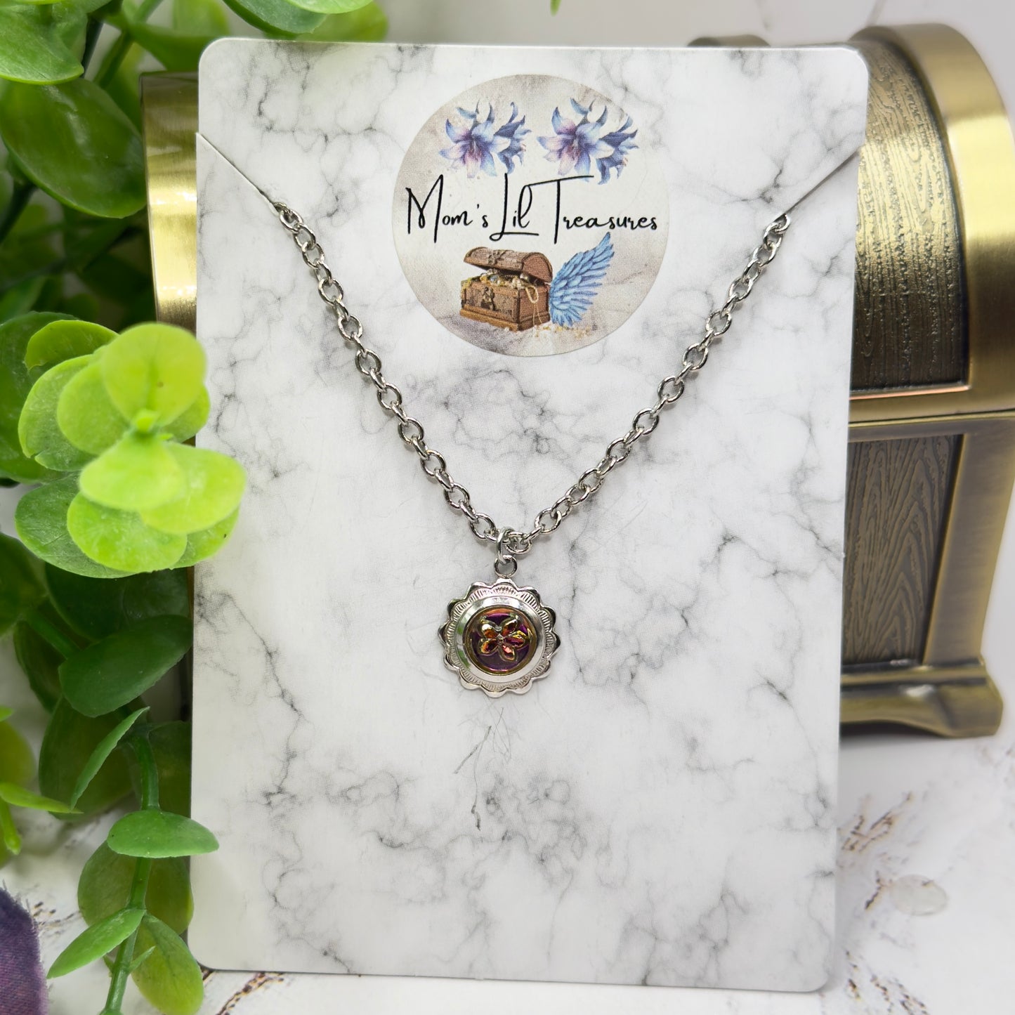 Iridescent Purple Blue Round Flower Design Charm Silver Doll Necklace • 18 Inch Fashion Doll Jewelry