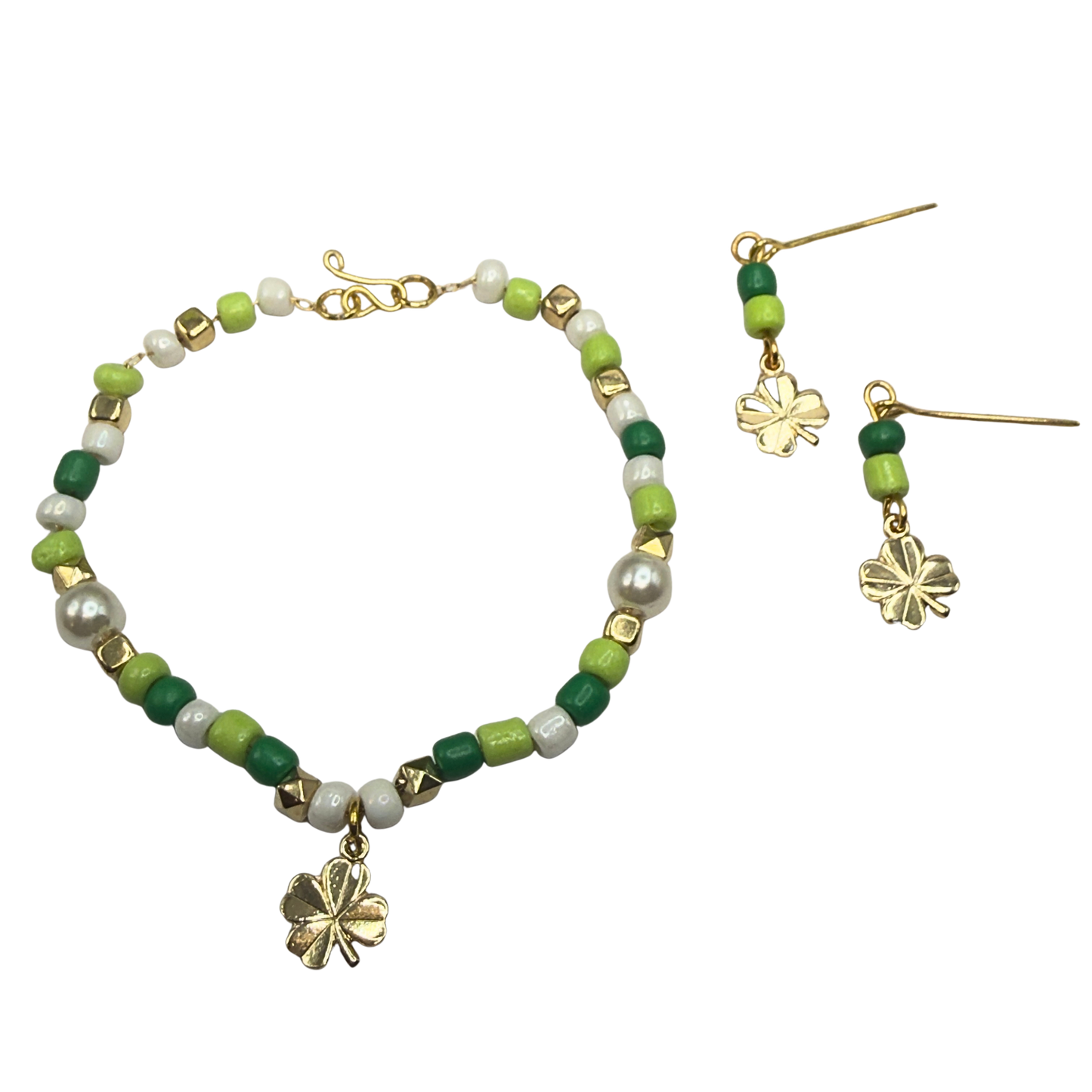 Green White Beaded Gold Shamrock Doll Necklace & Earrings Set • 18 Inch Fashion Doll Jewelry