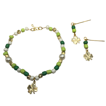 Green White Beaded Gold Shamrock Doll Necklace & Earrings Set • 18 Inch Fashion Doll Jewelry