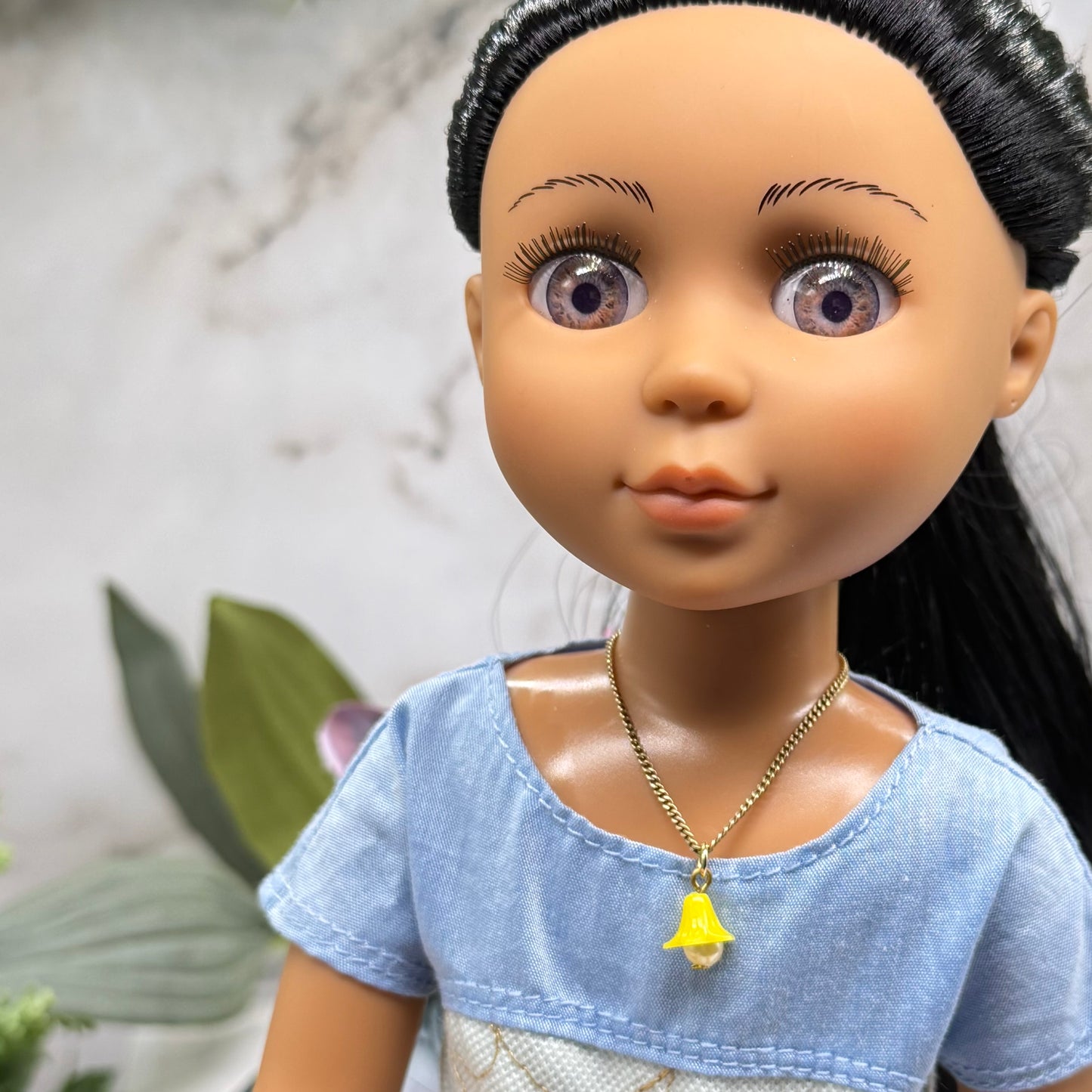 Yellow Flower Pearl Center Charm Gold Chain Doll Necklace • 14 Inch Fashion Doll Jewelry