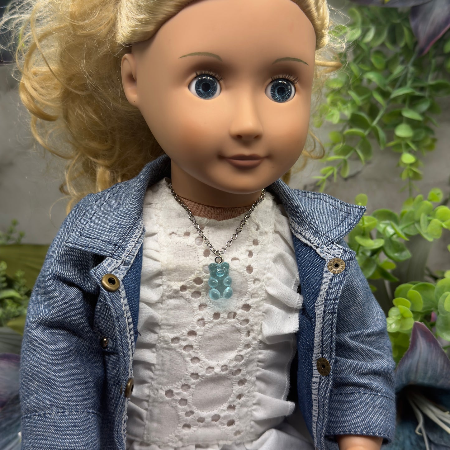 Turquoise Blue Translucent Acrylic Teddy Gummy Bear Charm Silver Chain Doll Necklace 18” Doll Jewelry