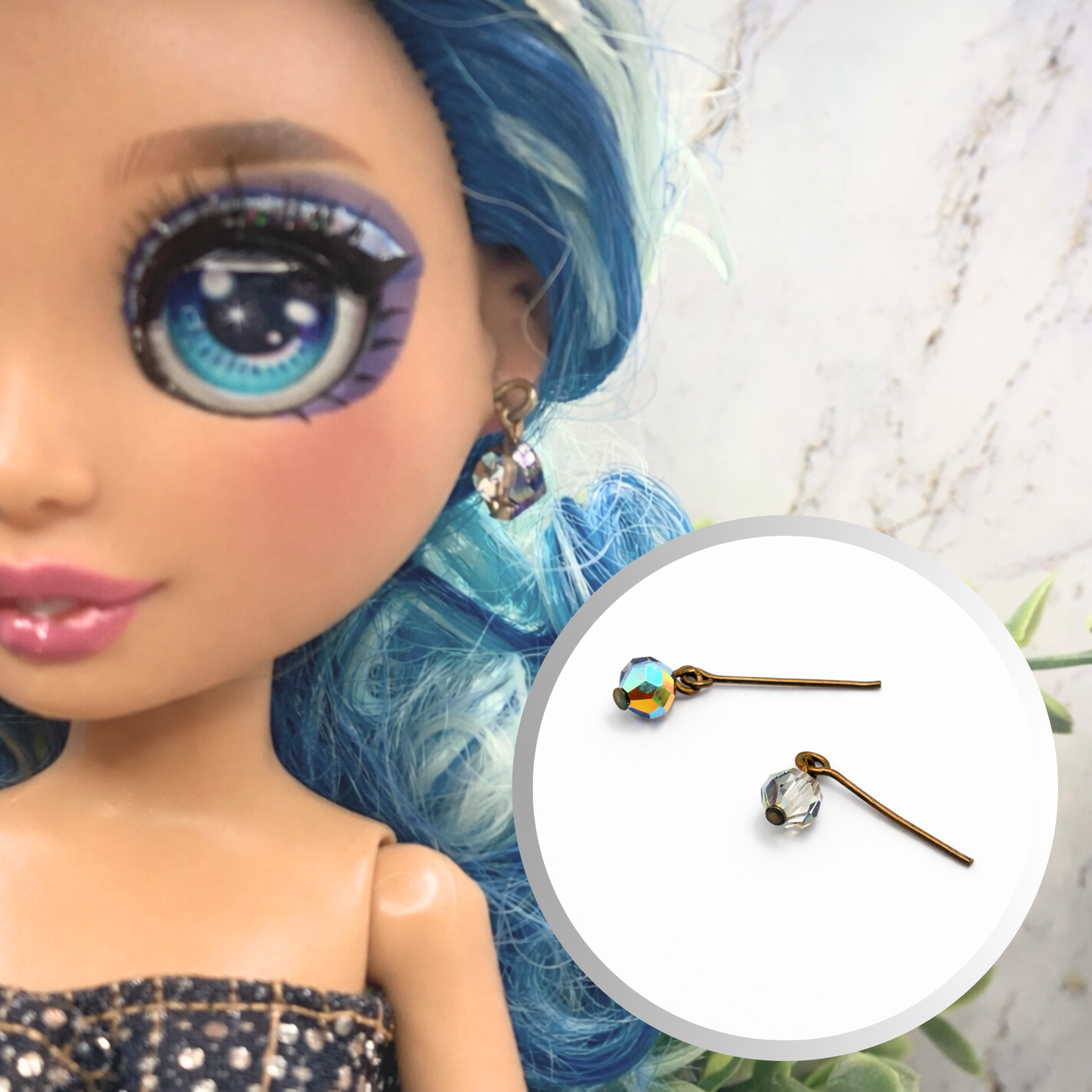 Pretty Smoky AB Glass Crystal Dangle Doll Earrings • 10-12” Doll Jewelry